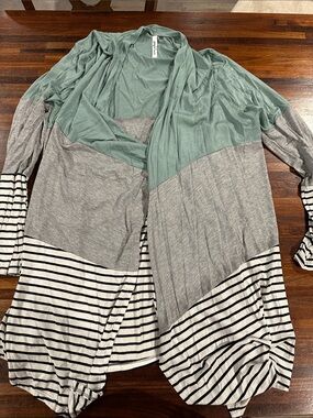 Light Green and Gray Colorblock Open Front Cardigan - Women